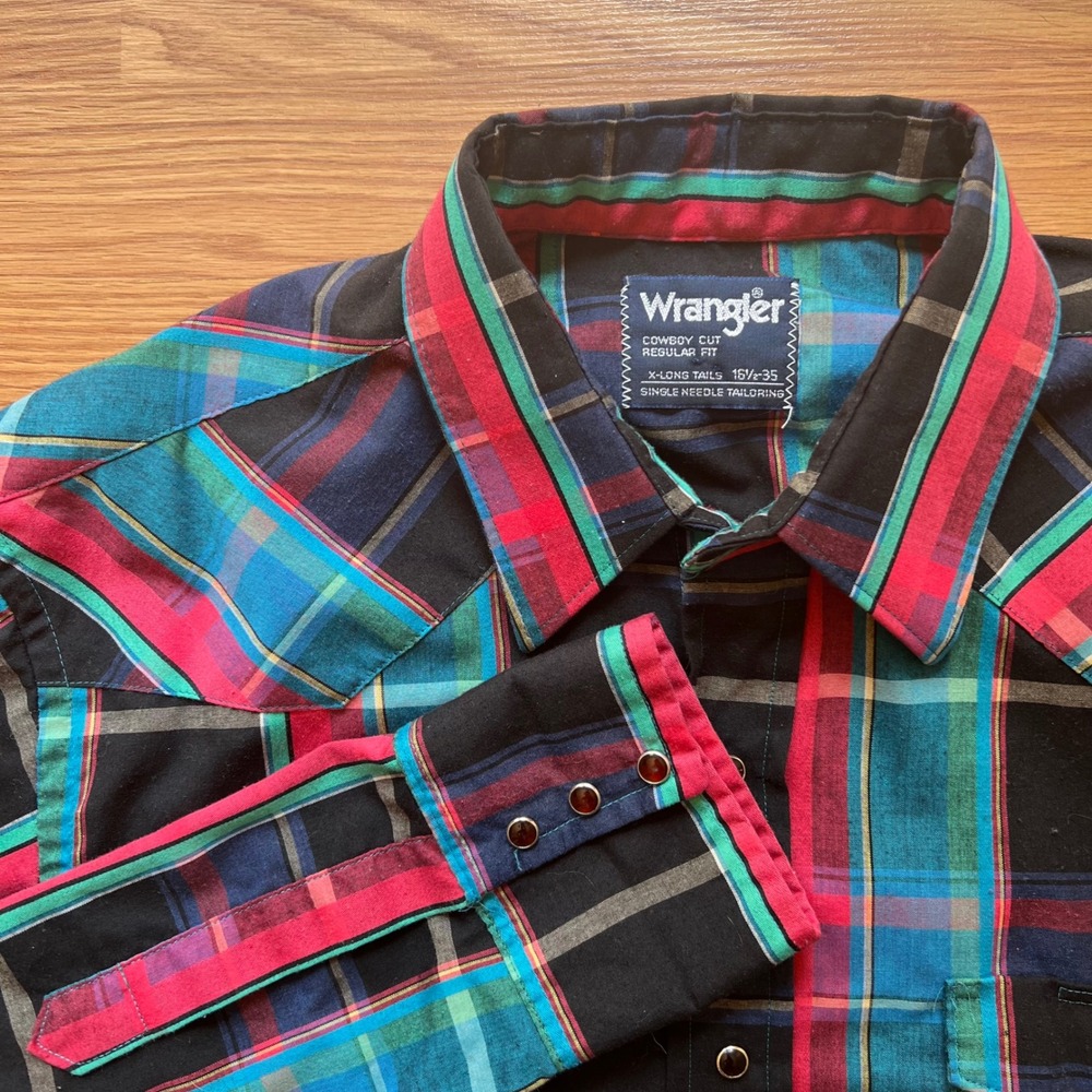 Wrangler Cowboy Cut Western Pearl Snap Plaid Shirt Multi-Color 16.5 x 35 Regular